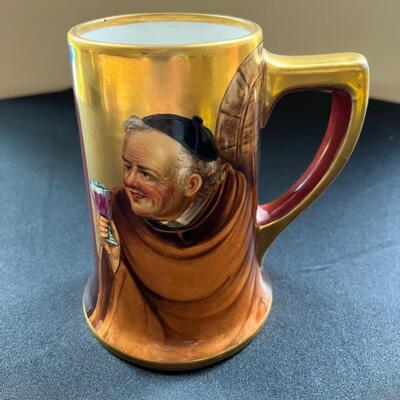 Large Antique Limoges Stein Smiling Monk Drinking Wine
