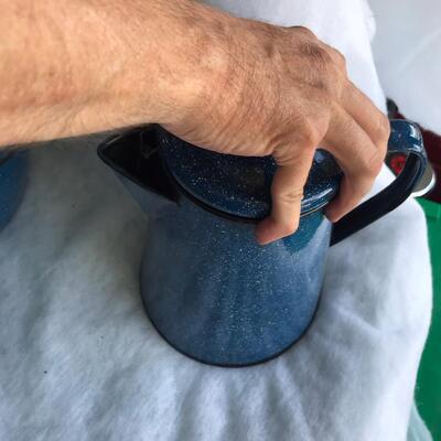 Blue Speckled Graniteware Coffee Pots and Pot
