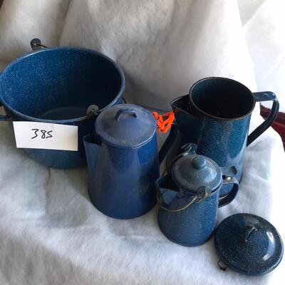 Blue Speckled Graniteware Coffee Pots and Pot