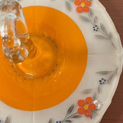 Art Deco Indiana glass handle serving dish inverted orange paint poppy flowers patter