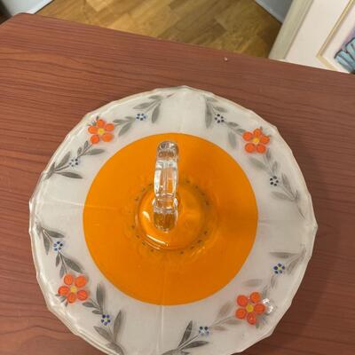 Art Deco Indiana glass handle serving dish inverted orange paint poppy flowers patter