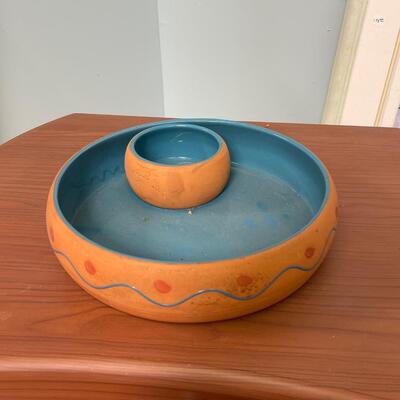 Vintage Terra Cotta Chip and Dip Set ~ Made in Portugal for Himark ~ Clay Pottery Exterior ~ Turquoise