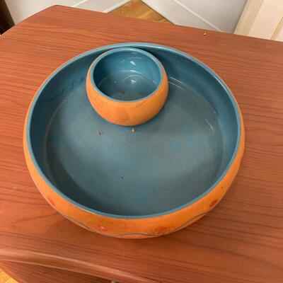 Vintage Terra Cotta Chip and Dip Set ~ Made in Portugal for Himark ~ Clay Pottery Exterior ~ Turquoise