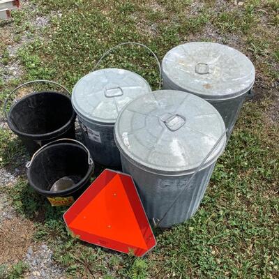 5032 Lot of Metal Cans and Rubber Feed Buckets