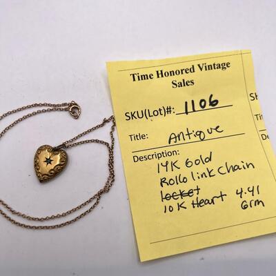 Antique 14K gold Rollo Chain and 10K engraved heart with diamond chip