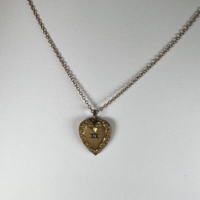 Antique 14K gold Rollo Chain and 10K engraved heart with diamond chip