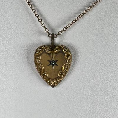 Antique 14K gold Rollo Chain and 10K engraved heart with diamond chip