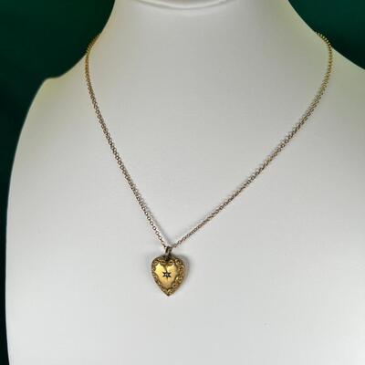 Antique 14K gold Rollo Chain and 10K engraved heart with diamond chip