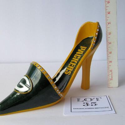 Unusual Very Large Shoe, Green Bay Packers Decorative Item, Rhinestone Trim