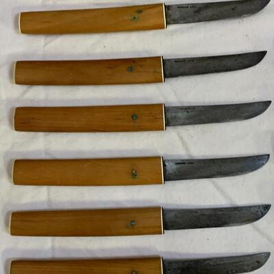 Japanese vintage Steak Knives bamboo wood cased set of 6
