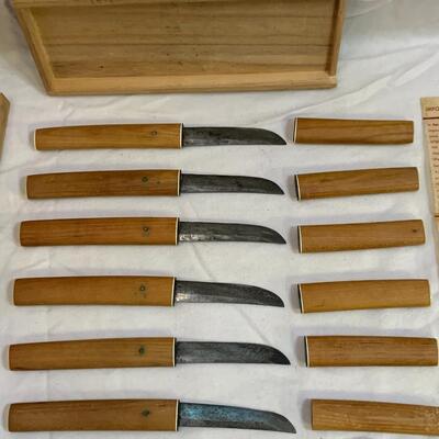 Japanese vintage Steak Knives bamboo wood cased set of 6
