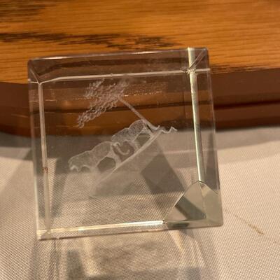 Two laser etched 2â€ glass blocks