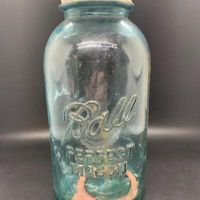 Antique BALL Jar - Tall Blue Glass Perfect Mason 4.5â€ wide x 9.5â€ high approx