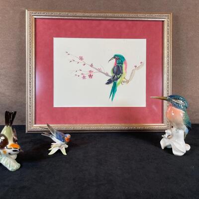 Lot 36. Watercolor and 3 German Porcelain Birds