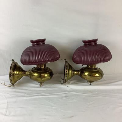 5064 Pair of Brass Aladdin Style Wall Lamps w/Glass Ribbed Shades