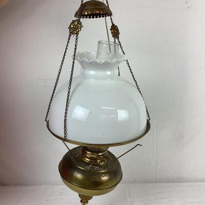 5066 Antique Brass Electrified Hanging Oil Lamp w/Glass Shade & Smoke Bell
