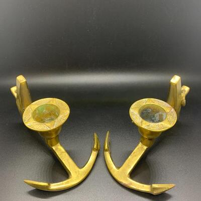 2 Brass Nautical Anchors Candle ðŸ•¯  Holders 5.5â€ wide x 3.5â€ high approx