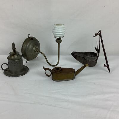 5075 Antique Pewter Whale Oil Lamp, Antique Iron Betty Lamps & Antique Wall Lamps