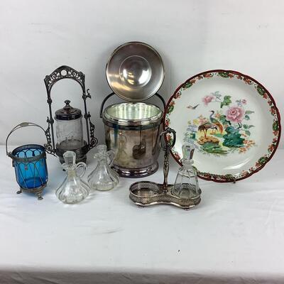 5077 Victorian Pickle Canister, Vinegar Cruets, Blue Glass Basket, S/P Ice Bucket & Oriental Style Charger.