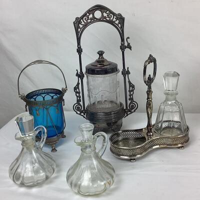 5077 Victorian Pickle Canister, Vinegar Cruets, Blue Glass Basket, S/P Ice Bucket & Oriental Style Charger.