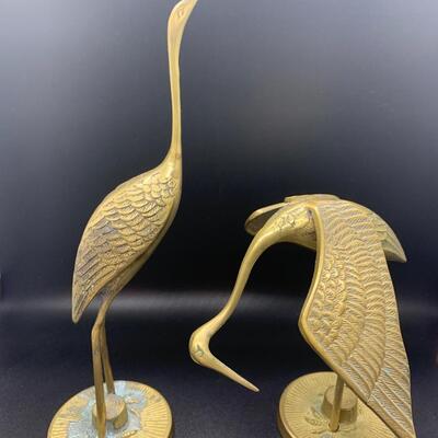Vintage Brass Cranes Asian - 11.5â€ high & 7â€ high approx