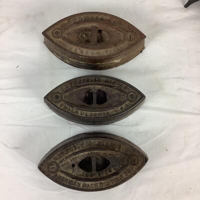 5081 Antique Sad Irons, Cast Iron Piggy Bank by Vermont Castings Inc & Hotchkiss Antique Stapler