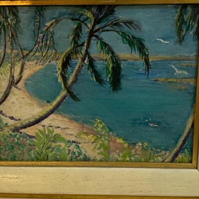Antique Oil Painting on Canvas Tropical Beach ðŸ Cove 14â€ wide x 11.5â€ high approx