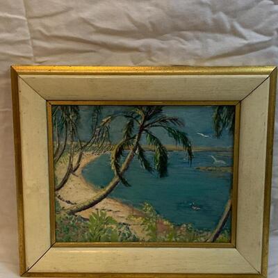 Antique Oil Painting on Canvas Tropical Beach ðŸ Cove 14â€ wide x 11.5â€ high approx