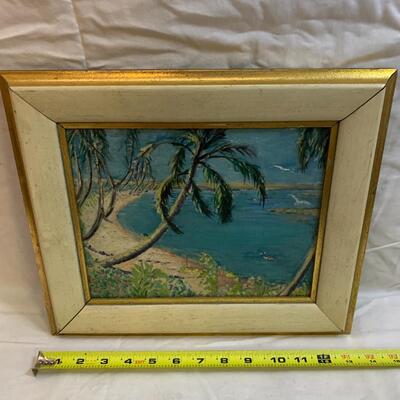 Antique Oil Painting on Canvas Tropical Beach ðŸ Cove 14â€ wide x 11.5â€ high approx