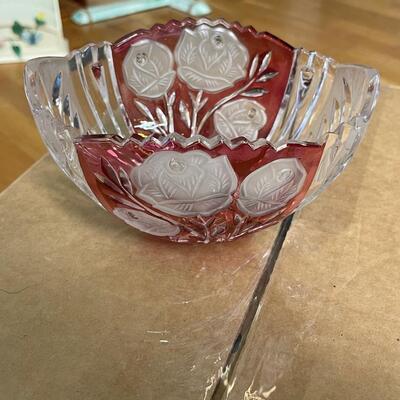 Vintage Anna Hutte Rose Design Lead Crystal 6â€ Bowl Ruby Red Panels Germany