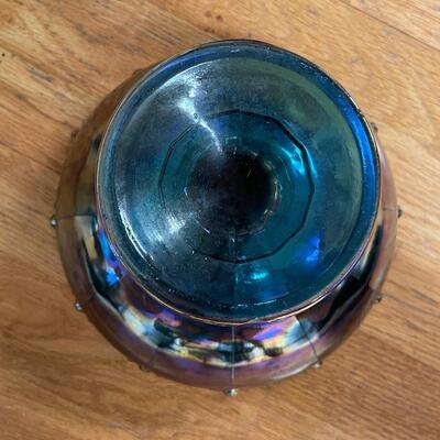 Carnival Glass Vintage Indiana Blue Rainbow Iridescent Teardrop Garland Compote