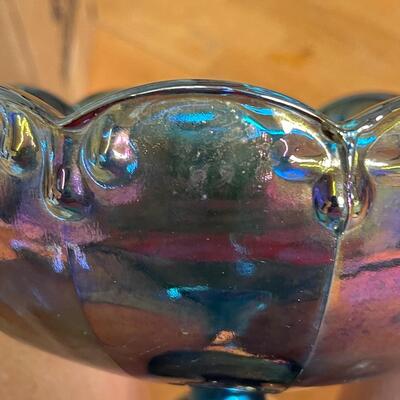 Carnival Glass Vintage Indiana Blue Rainbow Iridescent Teardrop Garland Compote
