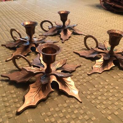Vintage Brass Christmas Candlestick Holders Set of 4. Poinsettia Leaves. Mistletoe.