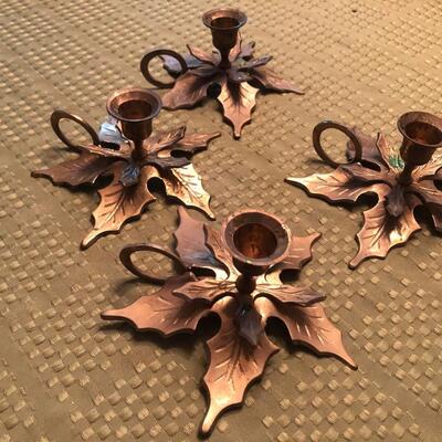 Vintage Brass Christmas Candlestick Holders Set of 4. Poinsettia Leaves. Mistletoe.