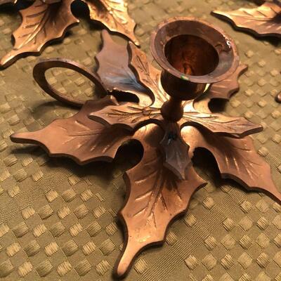 Vintage Brass Christmas Candlestick Holders Set of 4. Poinsettia Leaves. Mistletoe.
