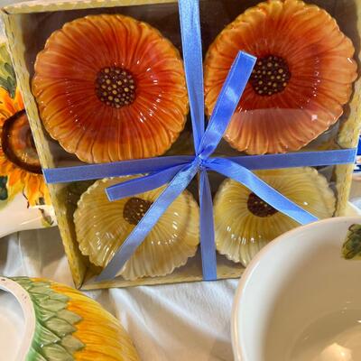 Sunflower floral Plates, cups, Mexican hand painted Casserole dish