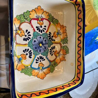 Sunflower floral Plates, cups, Mexican hand painted Casserole dish