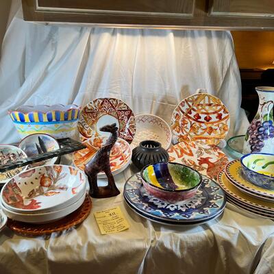 Moroccan theme tableware, dramatic grey slag glass floral display