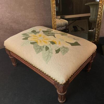 Lot Antique Mirror and Needlepoint Footstool