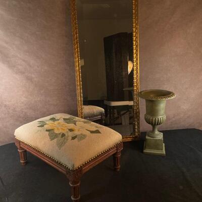 Lot Antique Mirror and Needlepoint Footstool