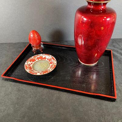 Lot 92. Japanese Cloisonne Vase and Cinnabar Egg