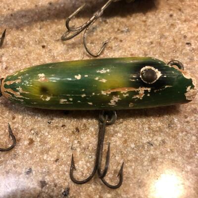 Vintage Antique Fishing Lures Lot - Two Wooden/Balsa Unmarked.  Other One Plastic Luxon.