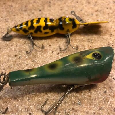 Vintage Antique Fishing Lures Lot - Two Wooden/Balsa Unmarked.  Other One Plastic Luxon.