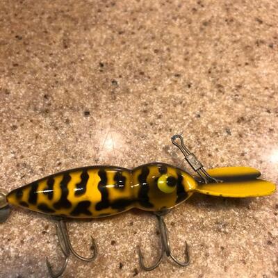 Vintage Antique Fishing Lures Lot - Two Wooden/Balsa Unmarked.  Other One Plastic Luxon.