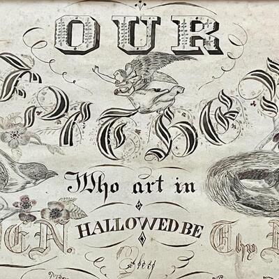 Fine 19th C Spencerian Lord's Prayer calligraphic drawing