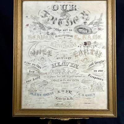 Fine 19th C Spencerian Lord's Prayer calligraphic drawing