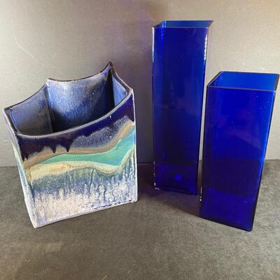 Lot 127. Handmade Pottery Vase and Blue Glass