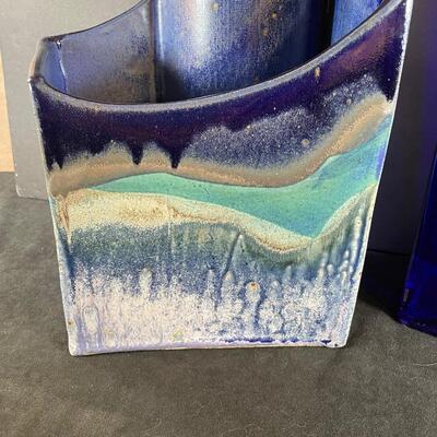 Lot 127. Handmade Pottery Vase and Blue Glass