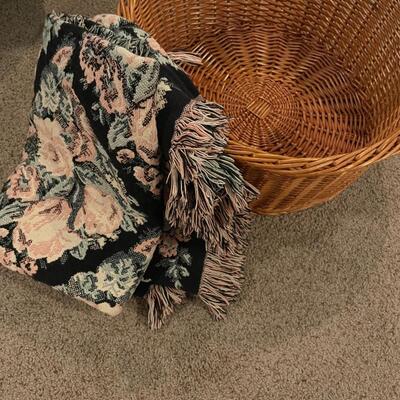 Traditional throw with fringe and large Wicker Basket