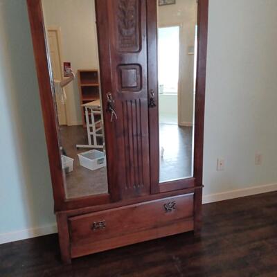 ANTIQUE ARMOIRE W BEVELED MIRRORS